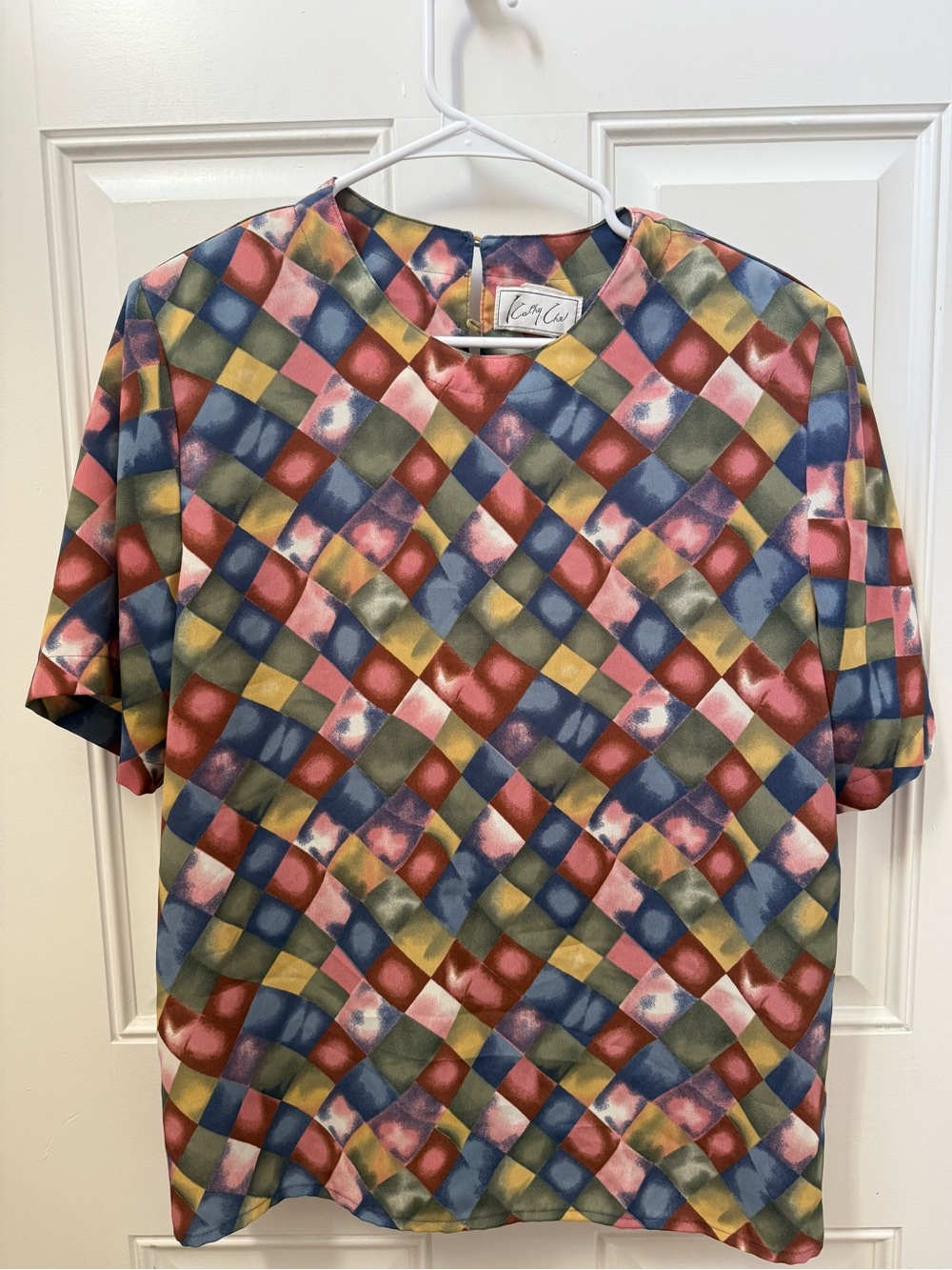 Vintage Kathy Che Multicolor Geometric Short-Sleeve Blouse